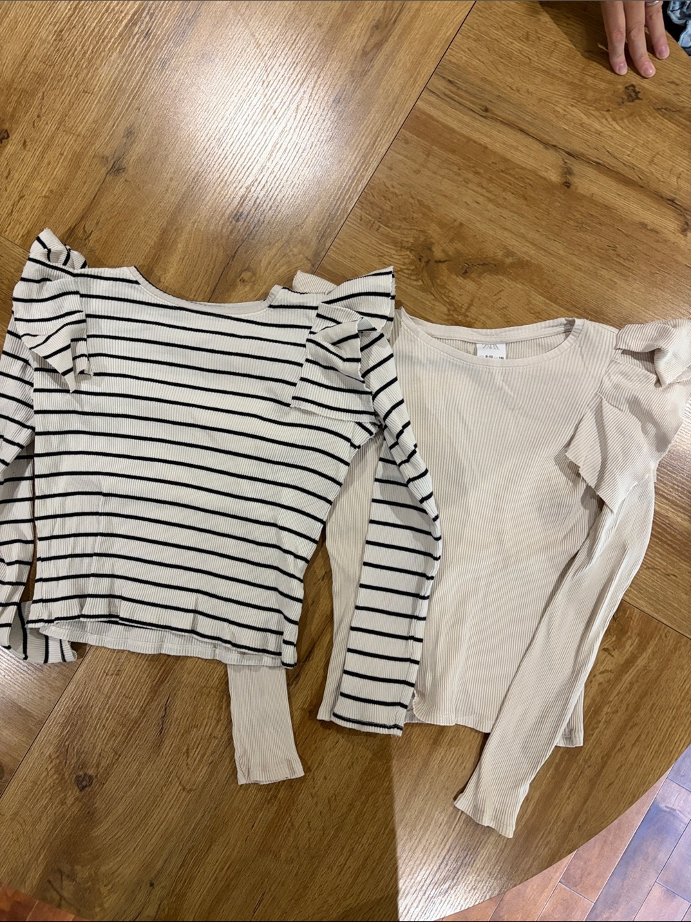Zara Girls Long-Sleeve Ruffle Shoulder Tops - Black Stripe & Cream